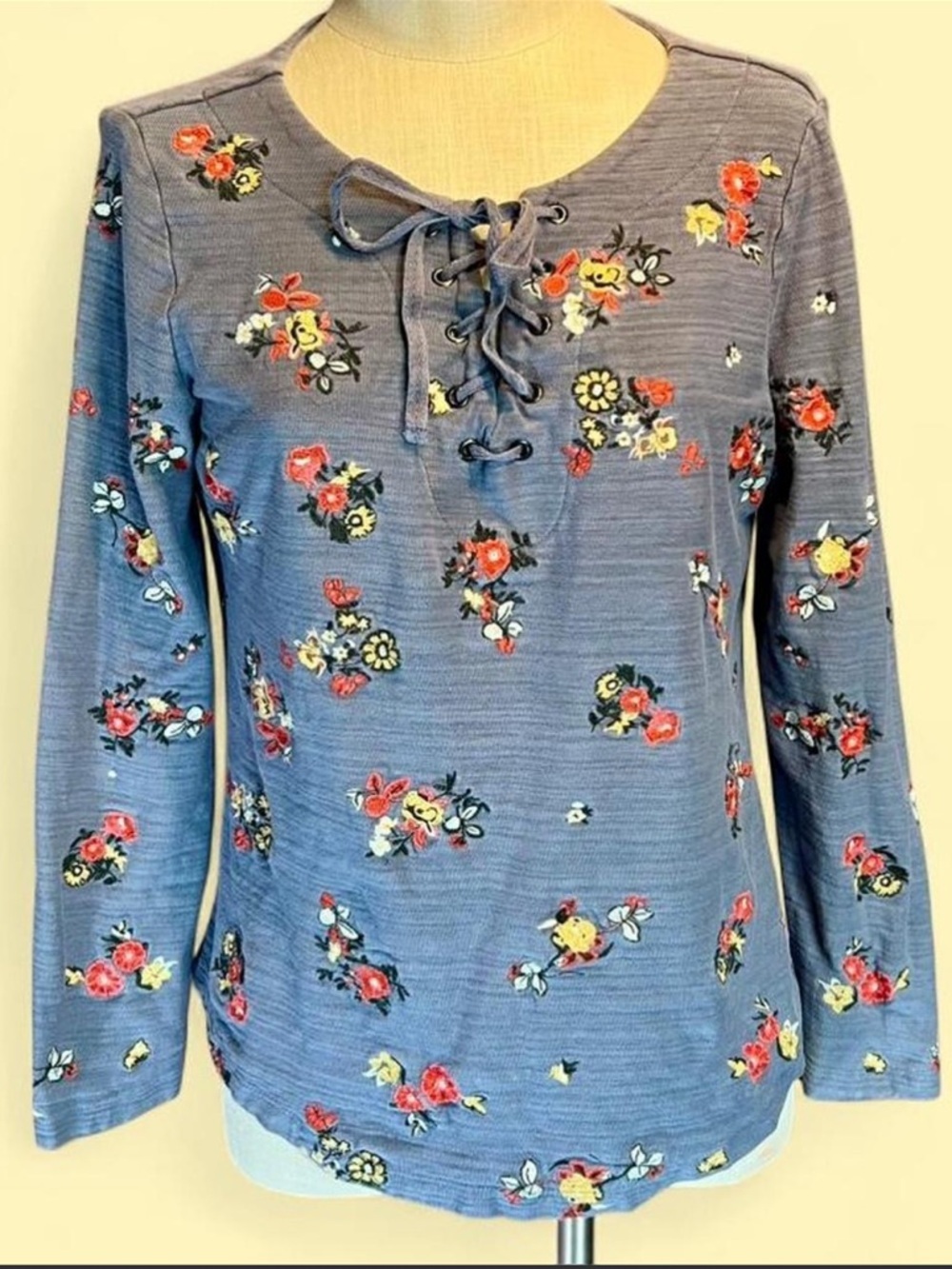 💛 Caslon Embroidered Blue Floral Lace-up Long Sleeve Top • Nordstrom